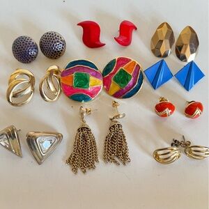 Vintage Multicolor Enamel & Gold Tone Statement Earrings Set